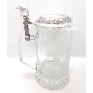 Vtg. American Eagle Clear Etched Glass Beer Tankard with Lid. NOS